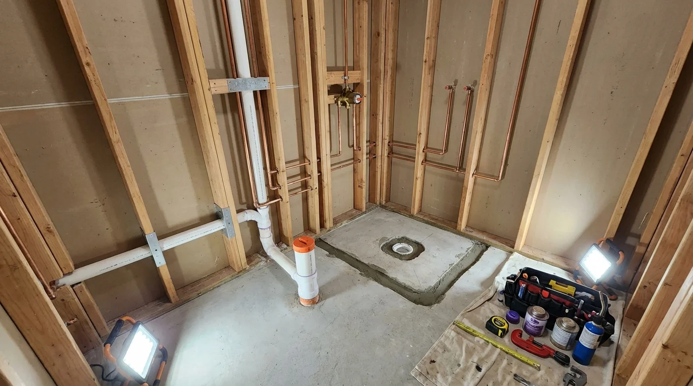 Bathroom rough-in plumbing during remodel by Johns Plumbing LLC in Cornell