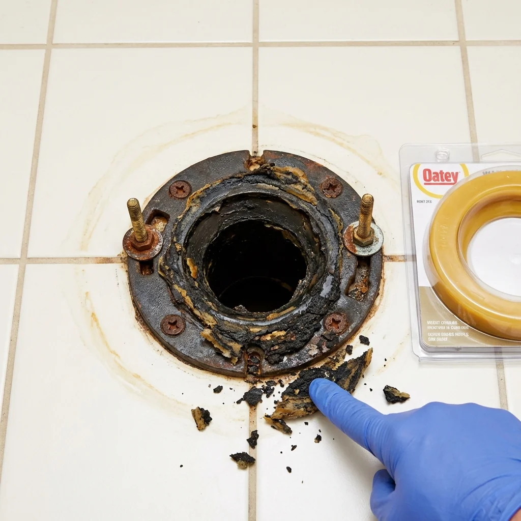 Failed wax ring showing water seepage at the base of a toilet in a Cornell, WI home